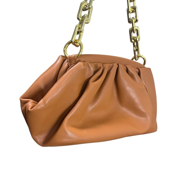 Ruched Gold Chain Brown Faux Leather Bag Clutch Closure Shoulder Bag Classic Bag - Picture 7 of 8